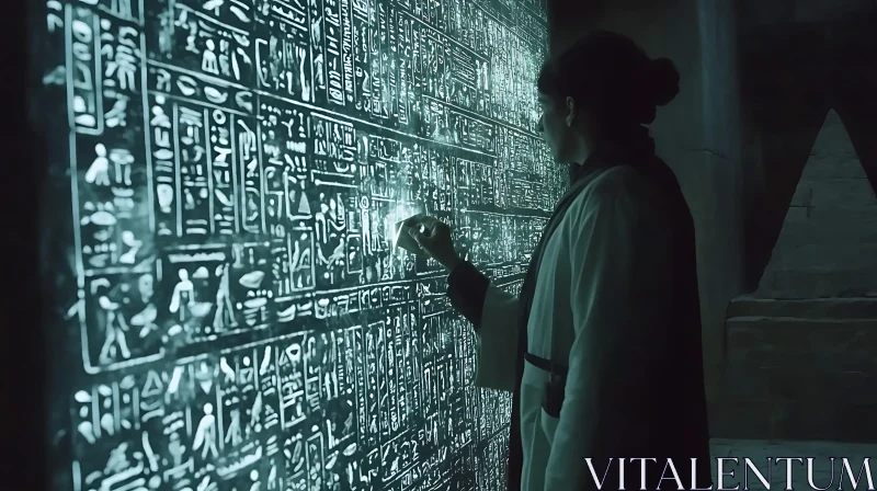 Person Exploring Glowing Hieroglyphs on Wall AI Image