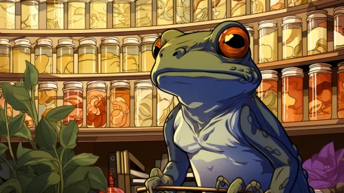 Artistic Representation of Frog Amidst Potions in Graphic Novel Style