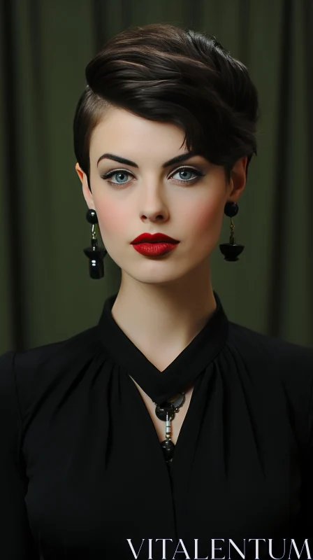 Captivating Beauty: A Striking Portrait of a Woman with Short Black Hair and Dark Eye Makeup AI Image
