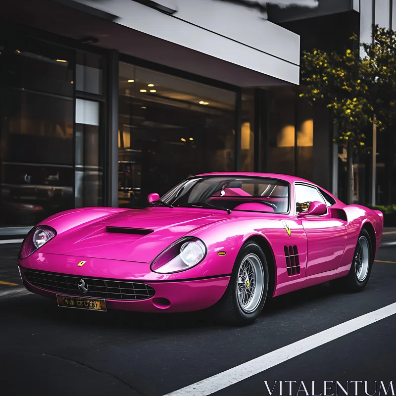 Classic Pink Sports Car Outside Contemporary Showroom AI Image