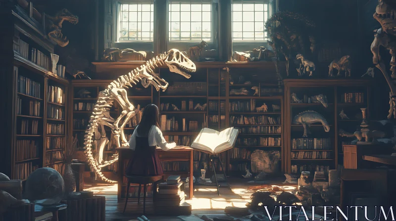 Library Scene with Girl Reading and Dinosaur Skeleton AI Image