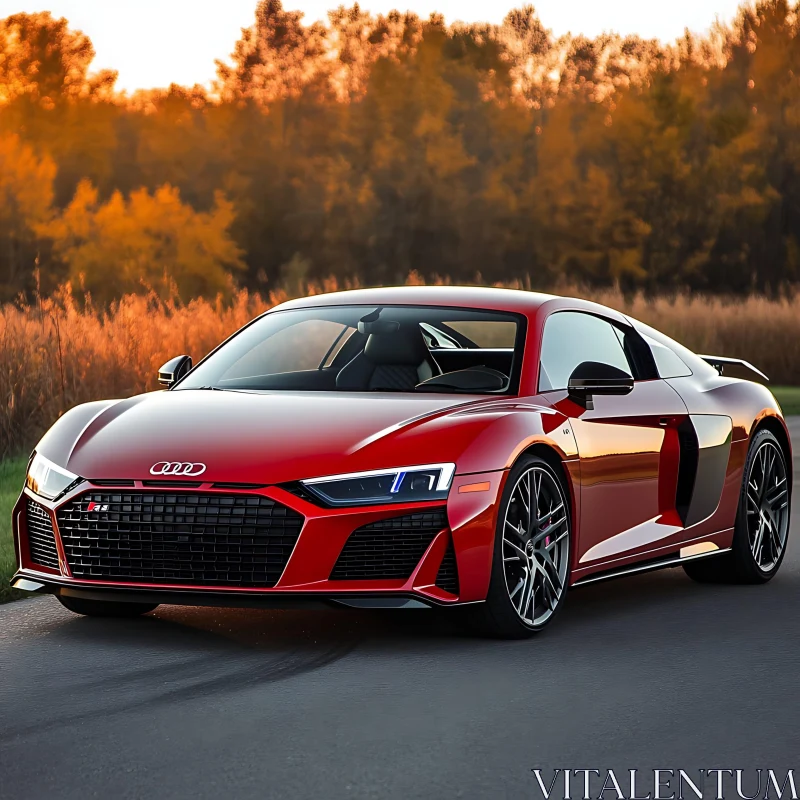 Red Audi Sports Car in Autumn Setting AI Image