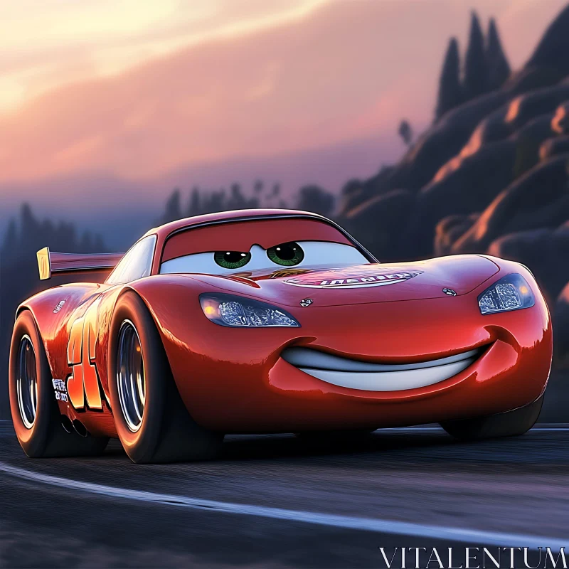 Cartoon Race Car in Scenic Sunset Drive AI Image