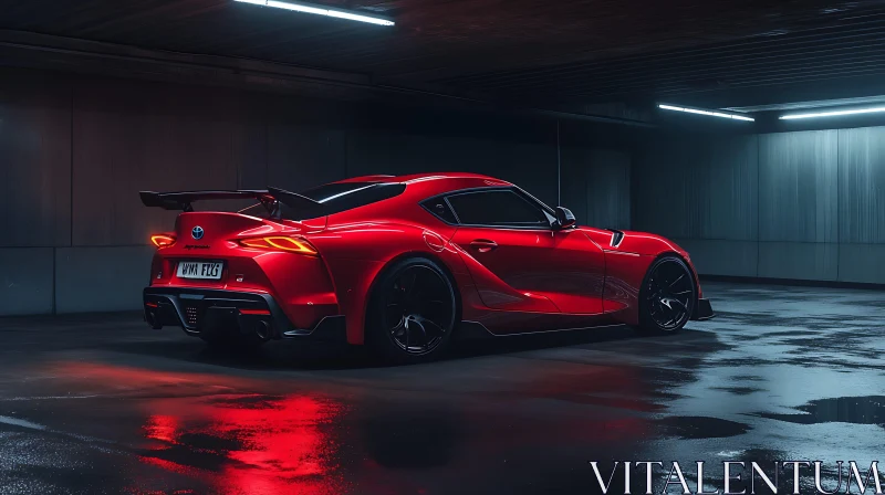 Sleek Red Sports Car in Modern Garage Setting AI Image