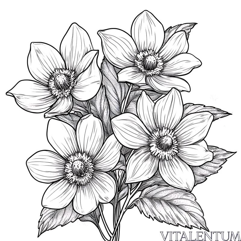 Detailed Blossoms and Leaves Drawing AI Image