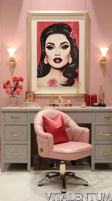 AI ART Elegant Pink Chair and Lady Painting in a Realistic White Room