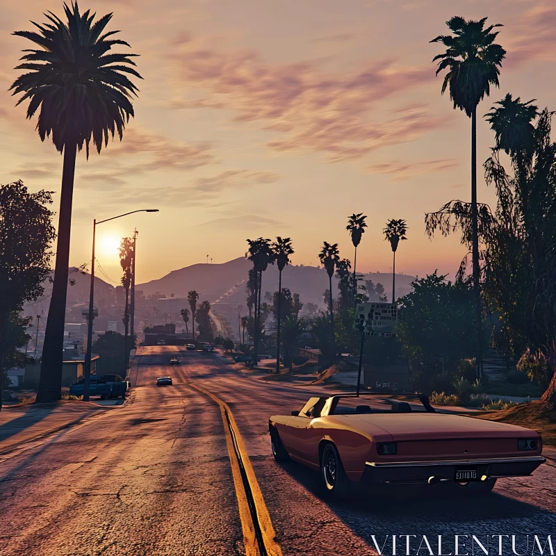 Serene Sunset Car Drive with Palm Trees AI Image