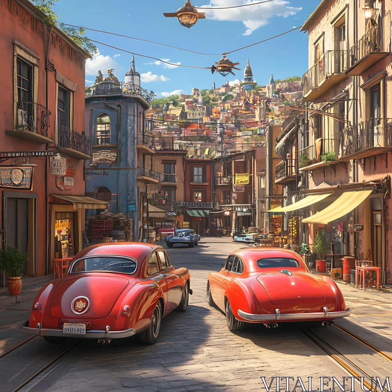 Charming Street Scene with Red Classic Cars AI Image