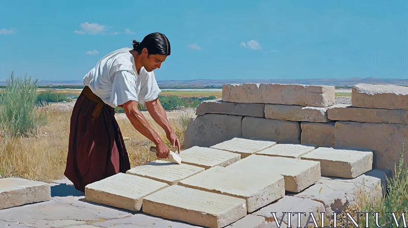 Person Inspecting Historical Stone Inscriptions AI Image