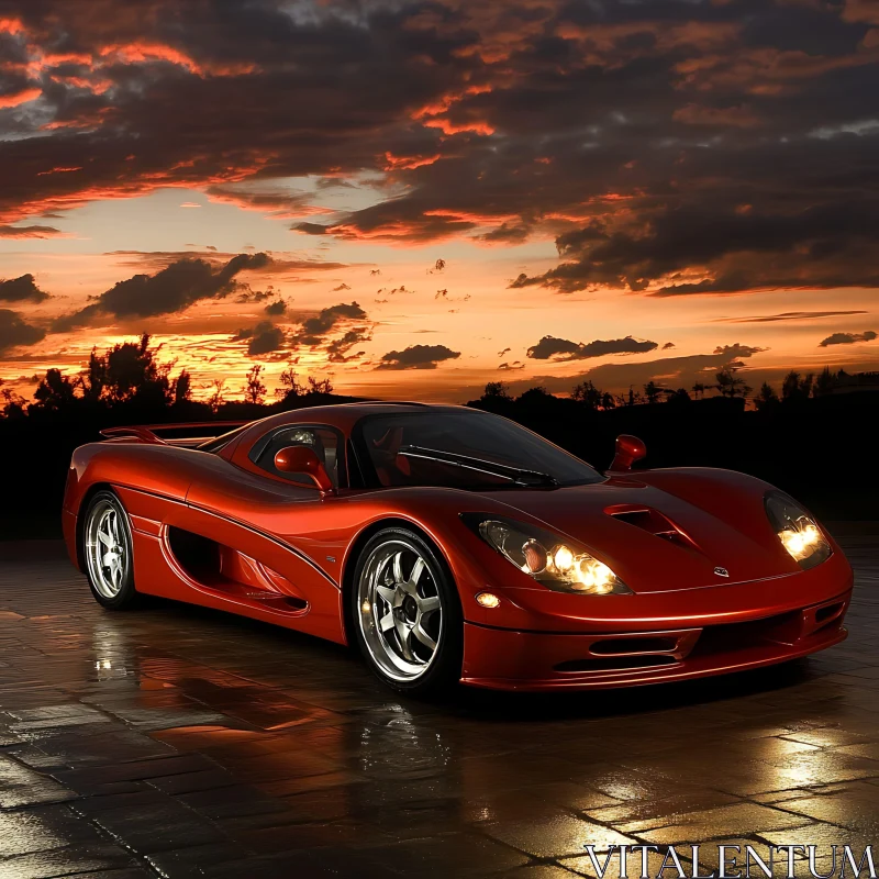 Sunset Luxury Red Sports Car – Evening Sky and Reflections AI Image