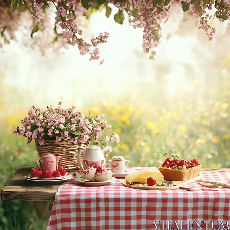 Spring Picnic with Tea and Berries AI Image