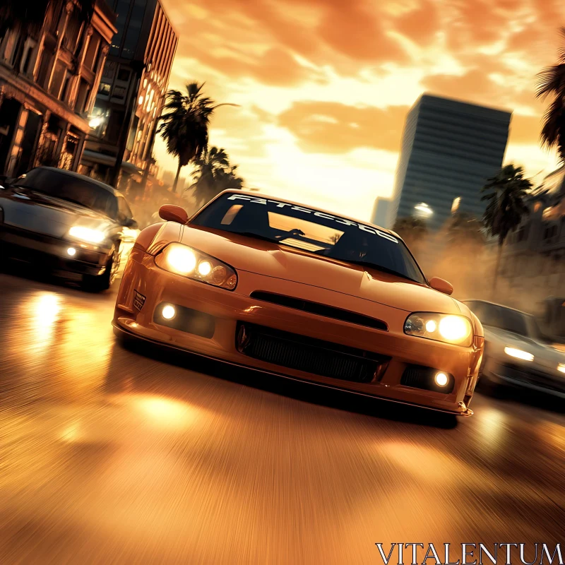 Sunset Street Racing with Orange Sports Car AI Image