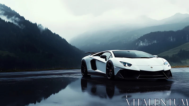 Luxury Sports Car in Misty Mountain Landscape AI Image