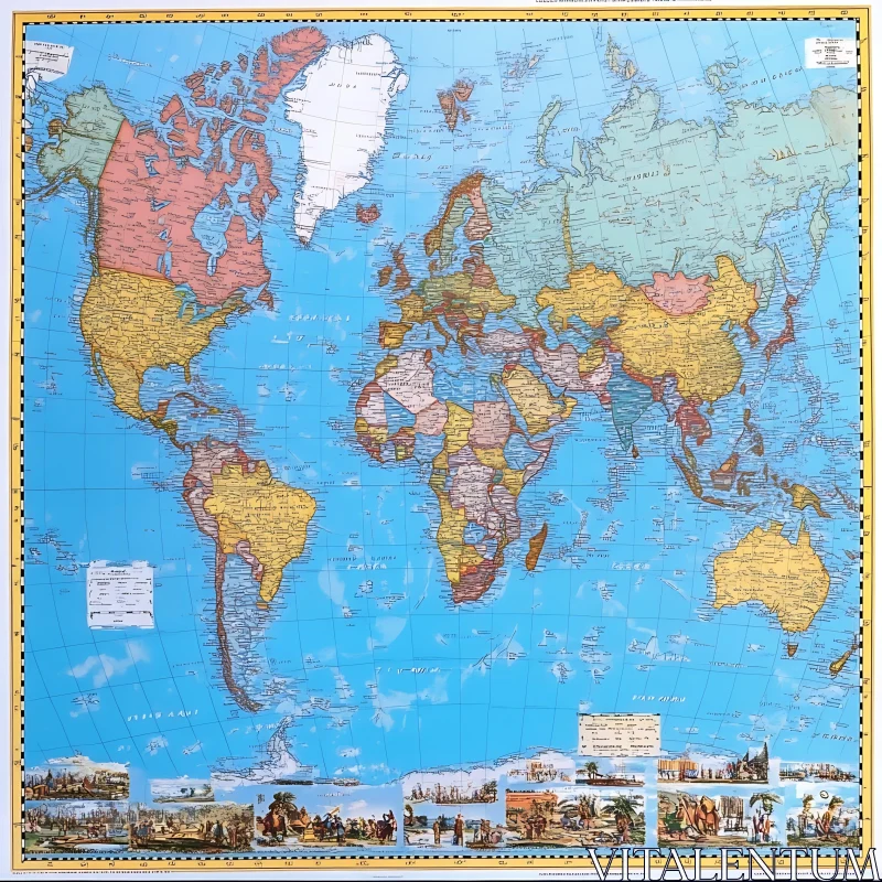 Colorful Continental Map with Historical Scenes Colorful Continental Map with Historical Scenes