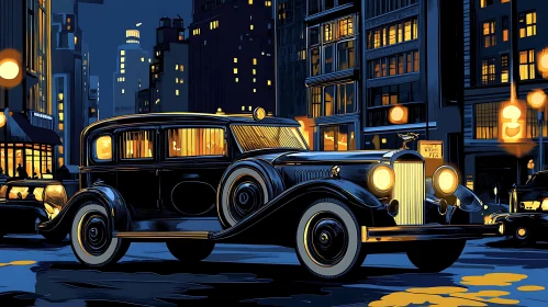 Retro Car in Urban Night Scene