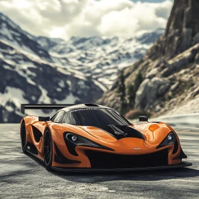 Orange Supercar Highlighted Against Snowy Mountains