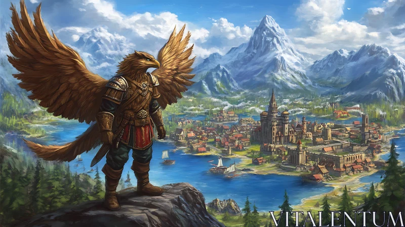 Majestic Eagle Warrior in Scenic Medieval Landscape Majestic Eagle Warrior in Scenic Medieval Landscape