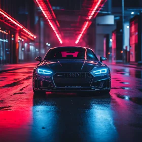 Black Car in Neon Lit Urban Street