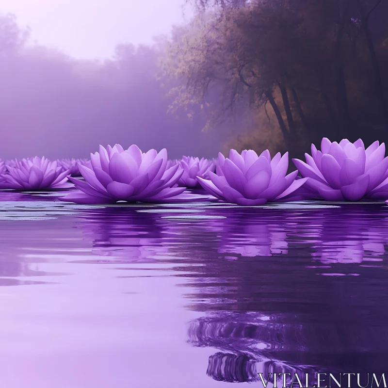 Tranquil Purple Water Lilies on a Misty Lake Tranquil Purple Water Lilies on a Misty Lake