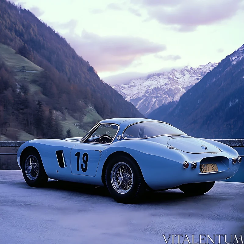 Classic Blue Car on Mountain Road at Dusk Classic Blue Car on Mountain Road at Dusk