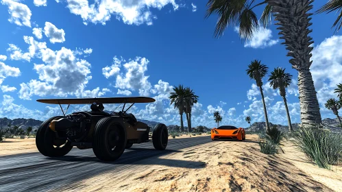 Desert Car Race with Orange Sports Car and Futuristic Vehicle