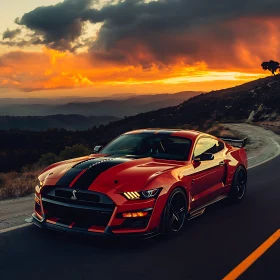 Red Sports Car with Black Stripes at Sunset