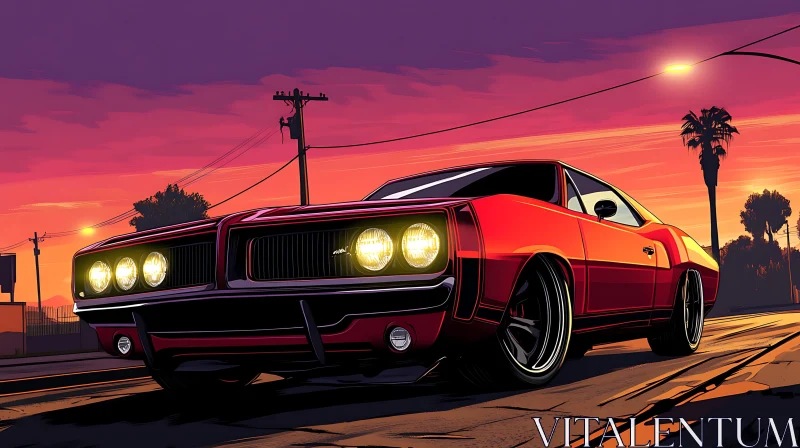 Classic Muscle Car on an Urban Street at Dusk AI Image