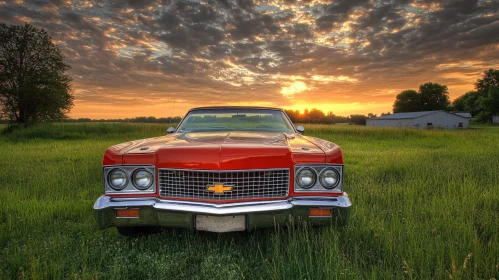 Vintage Red Car Under Glowing Sunset