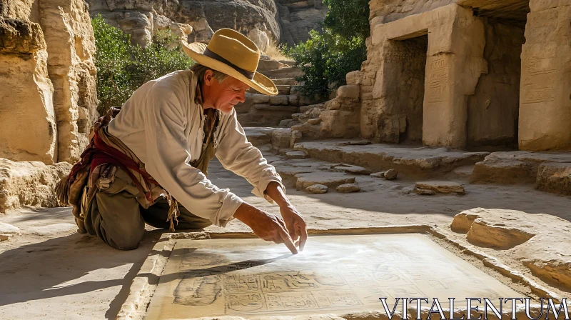 Archaeologist Studying Hieroglyphs at Sunlit Ruins Archaeologist Studying Hieroglyphs at Sunlit Ruins