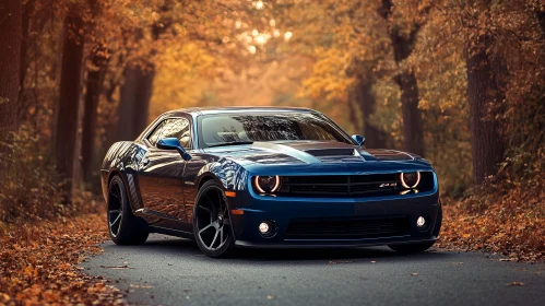Muscle Car Parked on Leaf-Covered Road