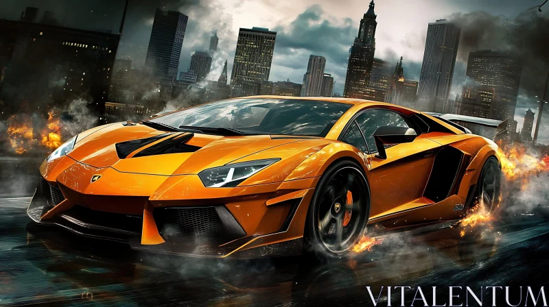 Fiery Orange Supercar in Cityscape
