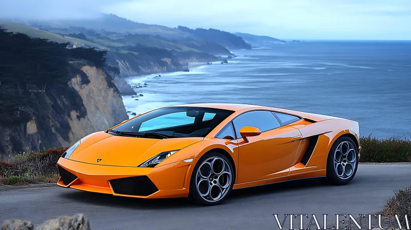 Luxurious Orange Sports Car on Coastal Road Luxurious Orange Sports Car on Coastal Road