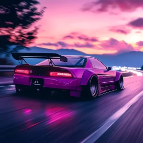 Purple Sports Car and Scenic Sunset