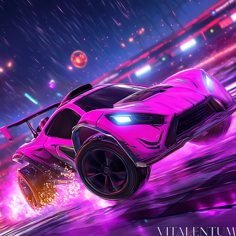 Neon Pink Car Speeding through Night Track Neon Pink Car Speeding through Night Track