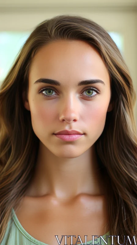 Captivating Young Woman with Green Eyes and Serene Energy AI Image
