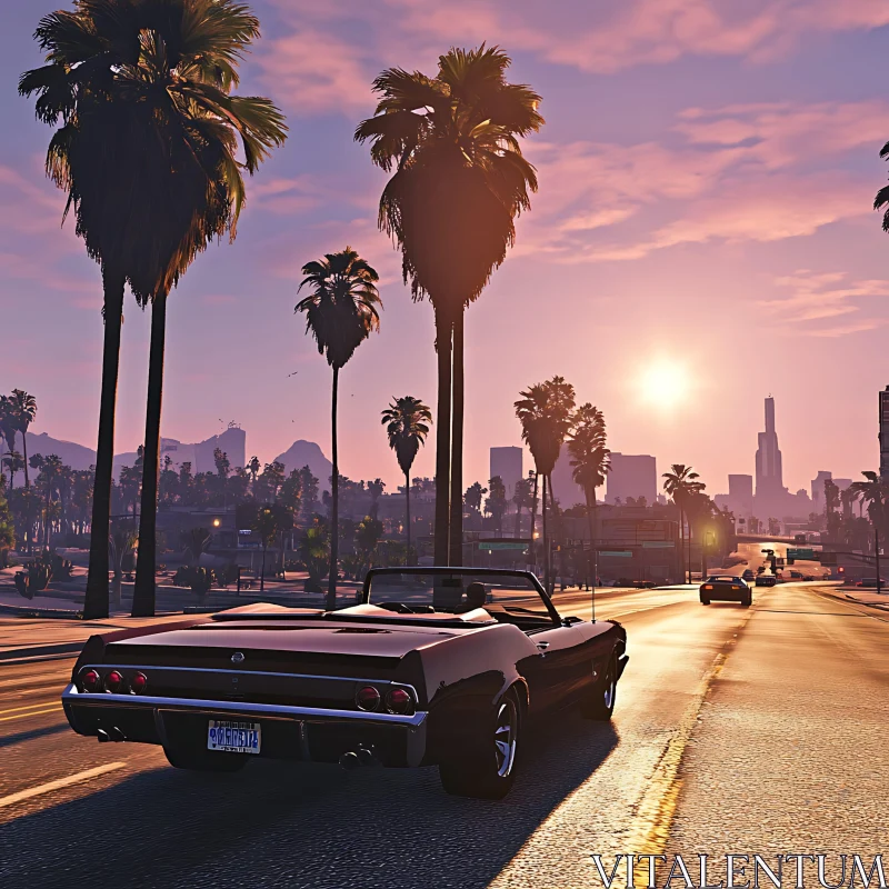 Sunset Drive with Classic Car and City Skyline Sunset Drive with Classic Car and City Skyline