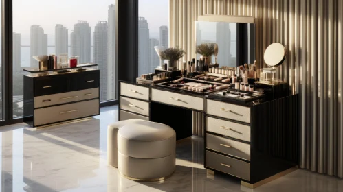 Elegant Gold Makeup Vanity: Realistic Rendering in Urban Industrial Style