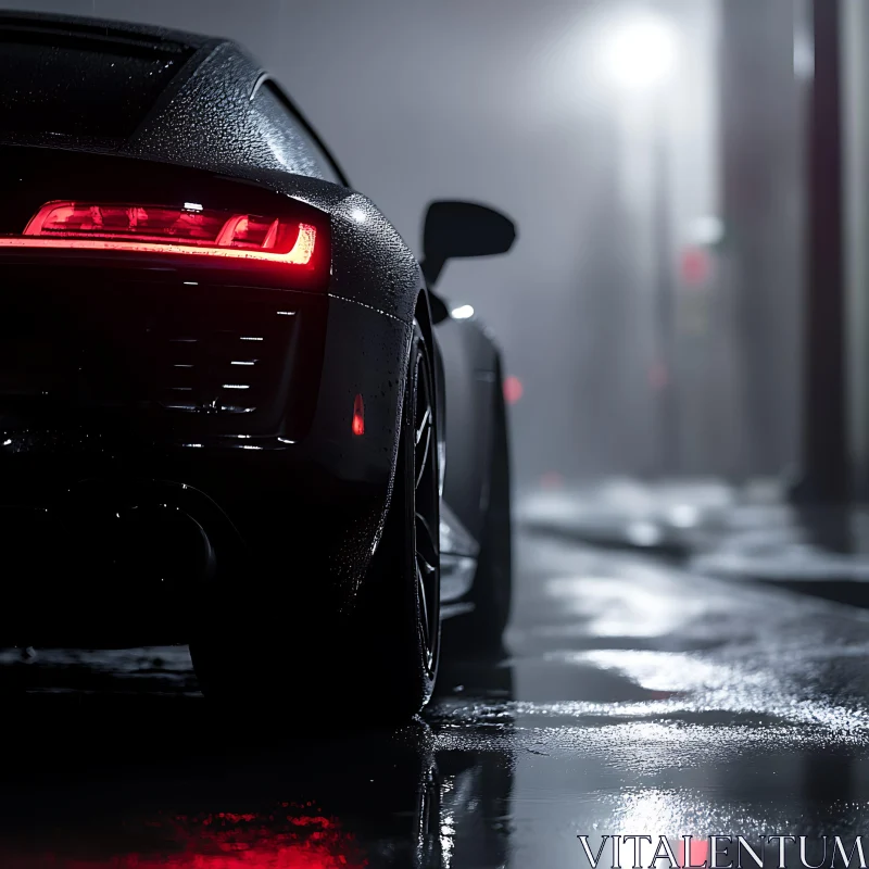 AI ART Black Car with Tail Lights Illuminating a Rainy Night
