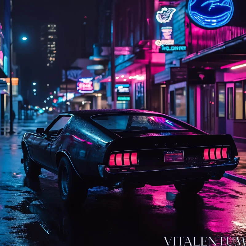 Nighttime Neon Cityscape with Vintage Car AI Image