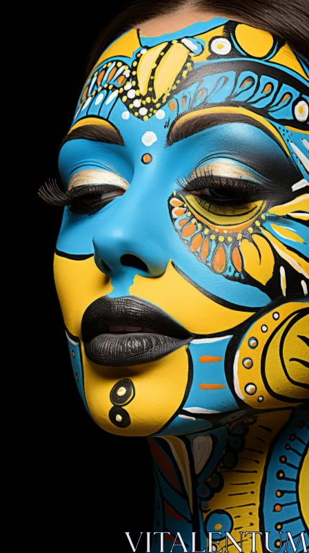 Striking Woman with Bright Blue and Yellow Facial Painting AI Image