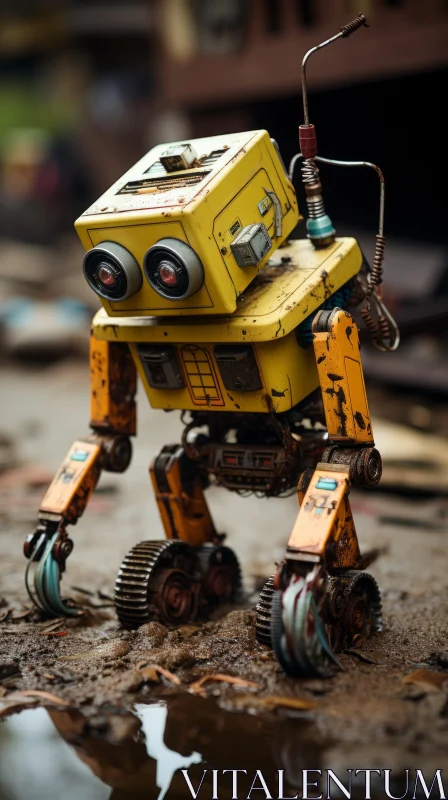 Yellow Robot on Muddy Ground - Recycled Material Art AI Image