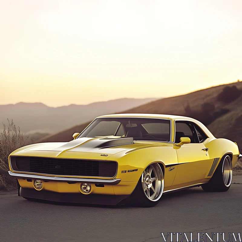 Vintage Yellow Muscle Car at Dusk AI Image