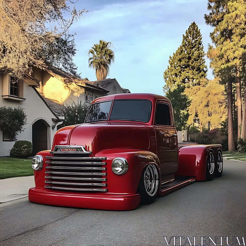 Classic Red Truck Restoration in Suburban Area AI Image