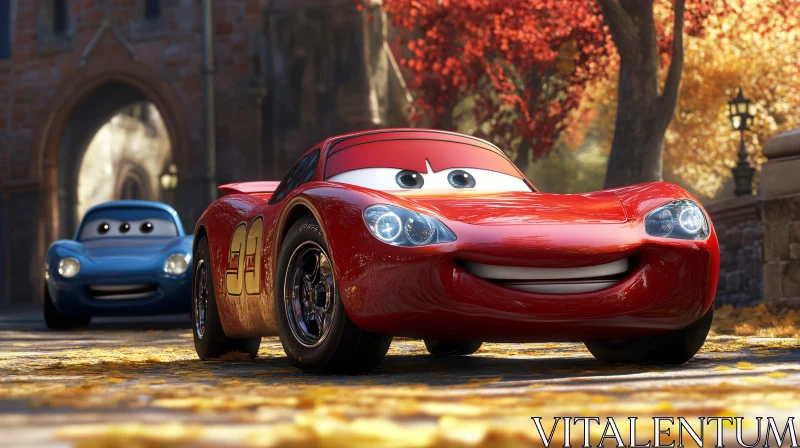 Colorful Cartoon Cars in Autumn Setting AI Image