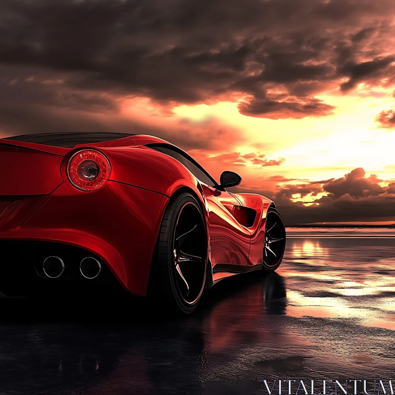 AI ART Red Sports Car in the Sunset