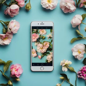 Tech and Nature: Smartphone Surrounded by Flowers