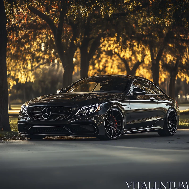 Elegant Black Car Amidst Autumn Trees AI Image