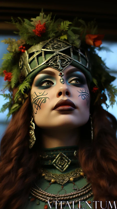 Enchanting Woman with Green Twig Headdress - Captivating Norwegian Nature AI Image
