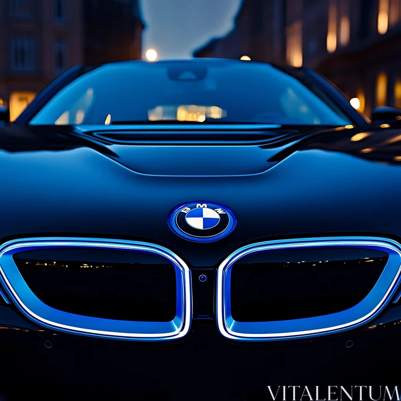 Luxury BMW Vehicle with Illuminated Headlights AI Image