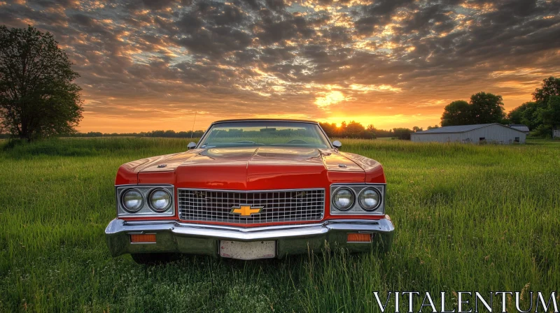 AI ART Vintage Red Car Under Glowing Sunset